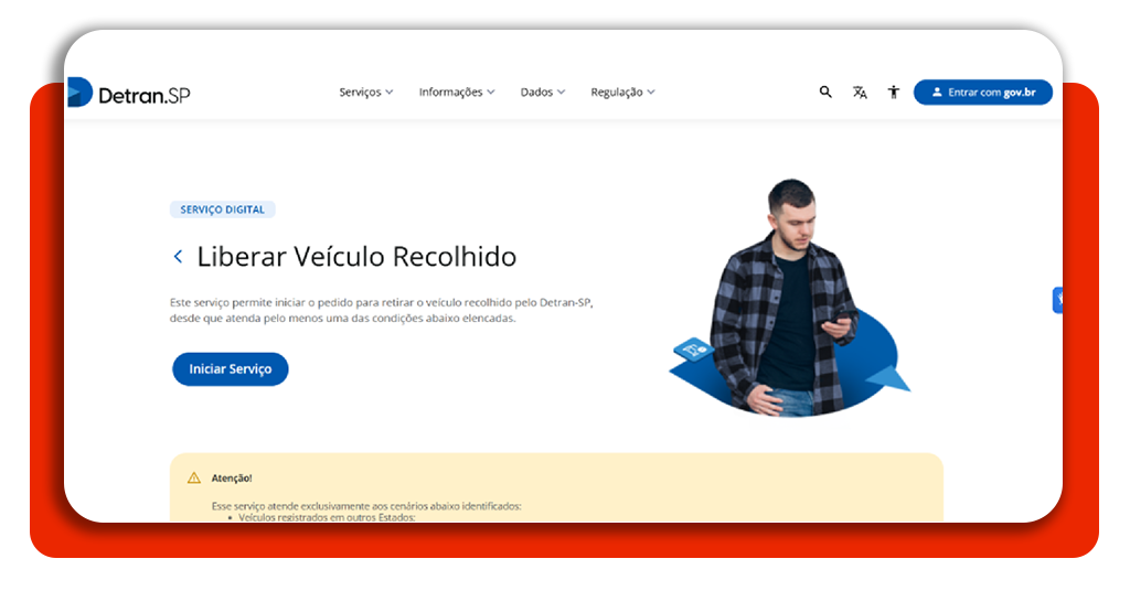 Página inicial do portal do Detran mostrando opção de entrar com gov.br