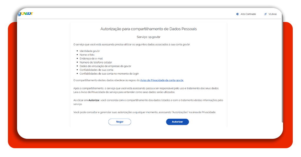 Tela de autorização de compartilhamento de dados do portal gov.br