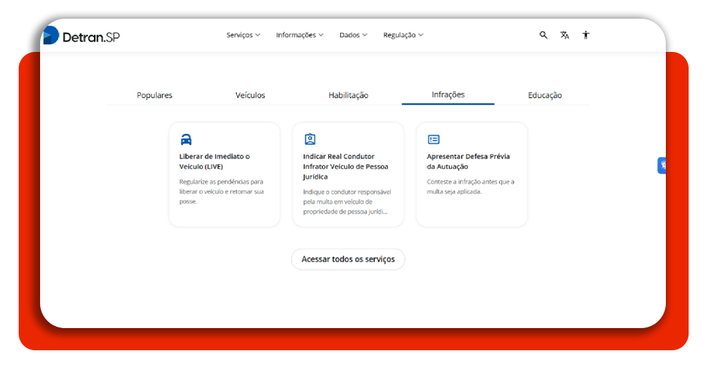 Menu de serviços do Detran destacando a opção Liberar de imediato o veículo