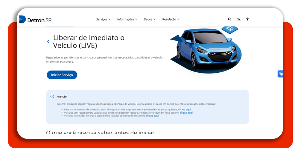Tela final do processo de liberação de veículo apreendido pelo Detran