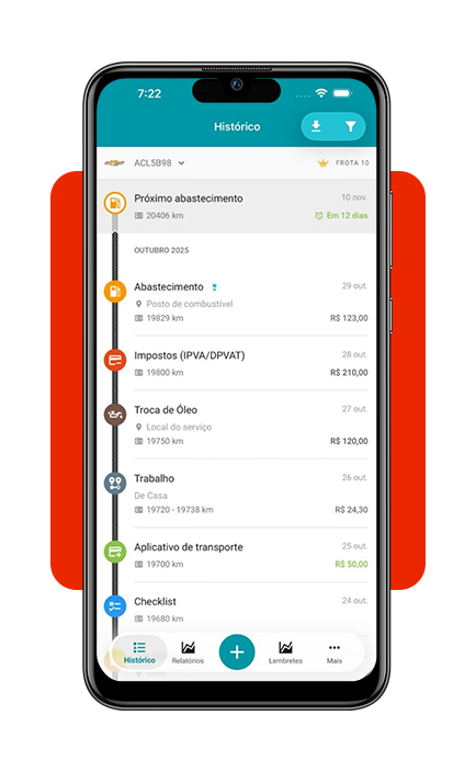 Interface do Drivvo para registro de abastecimento e dados do veículo