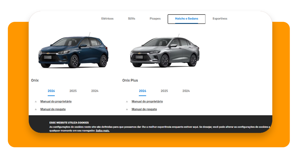 Seleção de modelo e ano do Chevrolet Onix no site