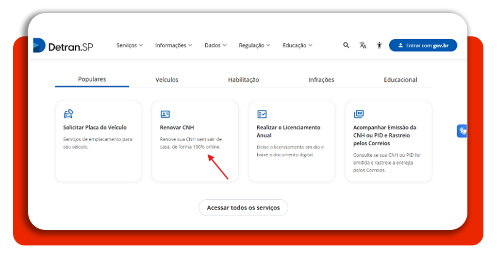 Tela inicial do site do Detran para renovação da CNH