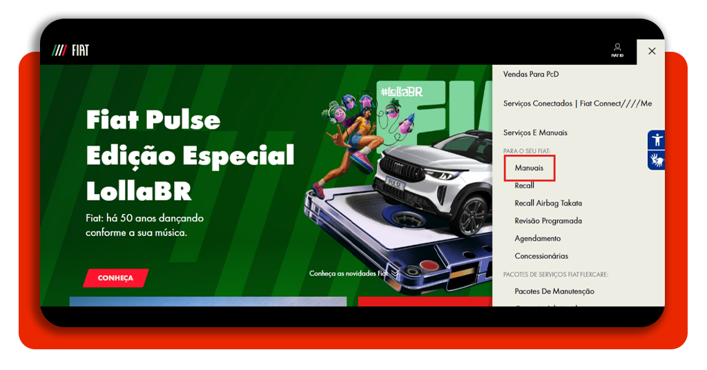 Tela do site oficial da Fiat mostrando o menu de serviços e manuais