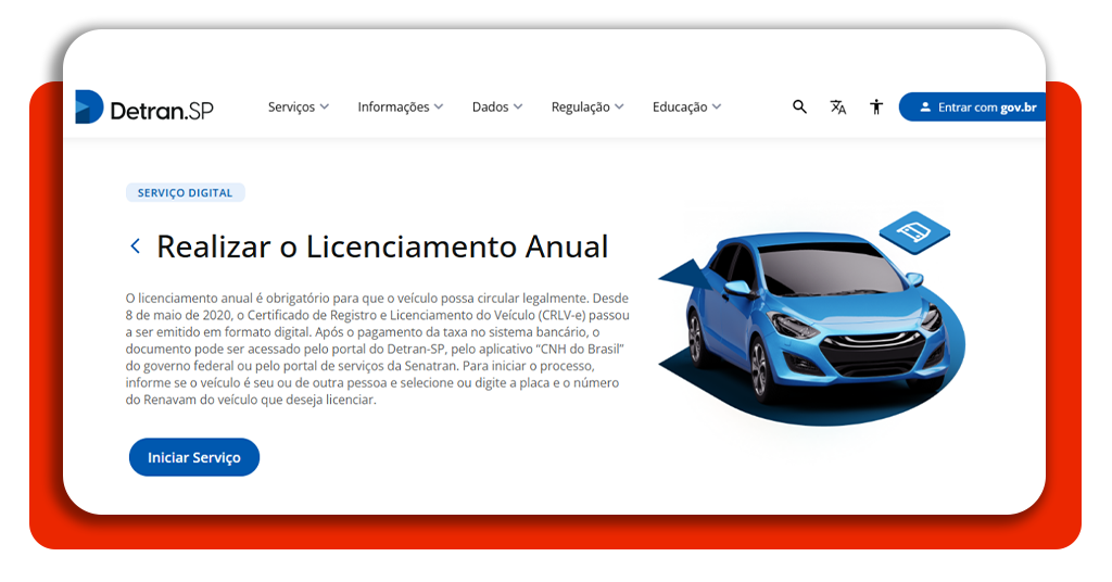 Tela para iniciar serviço de licenciamento online do Detran