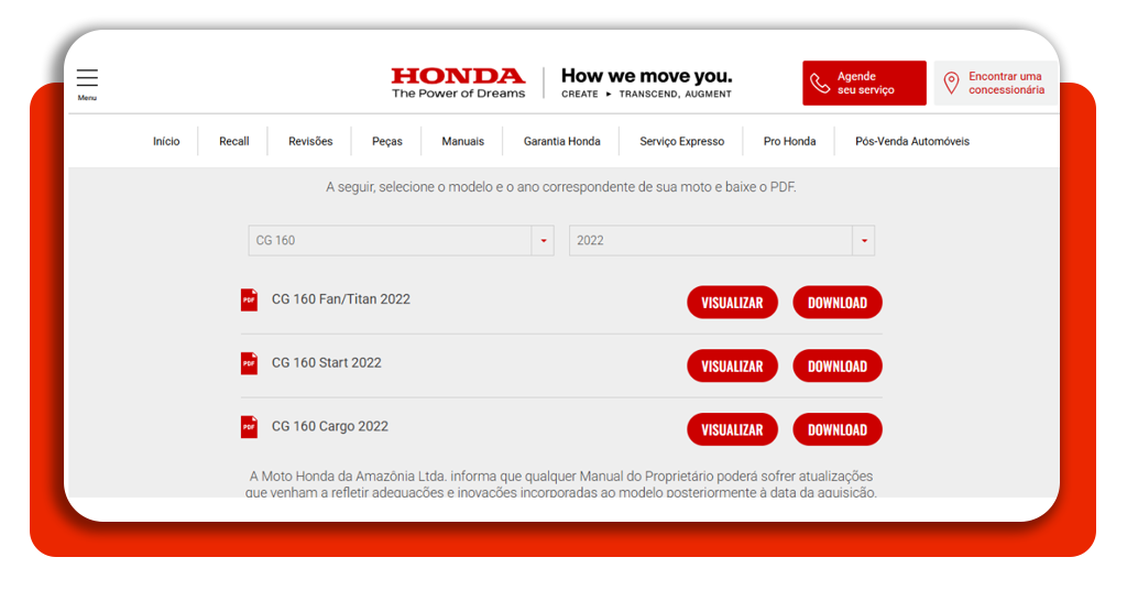 Busca pelo modelo CG 160 no site da Honda