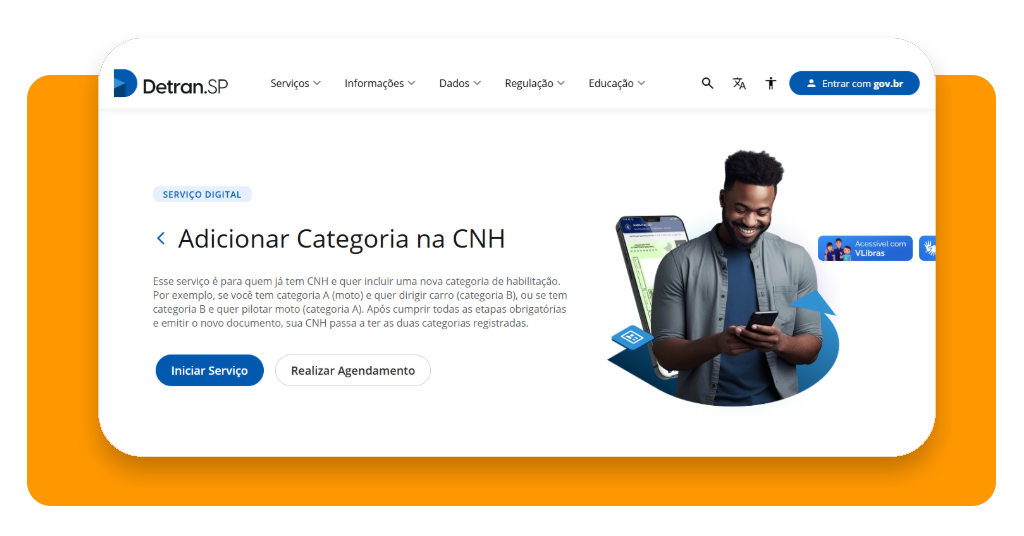 Tela do portal do Detran para solicitar mudança de categoria da CNH