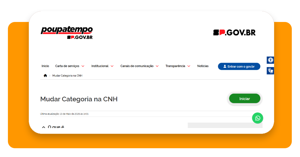 Página do Poupatempo mostrando a opção para mudar categoria da CNH