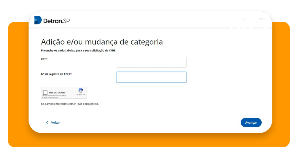 Formulário para preenchimento dos dados da CNH no portal do Detran