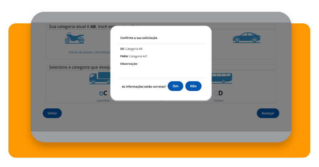 Página de confirmação da solicitação de mudança de categoria na CNH