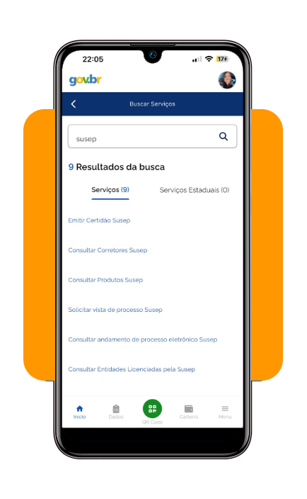 Tela do app Gov.br mostrando a busca por serviços da SUSEP