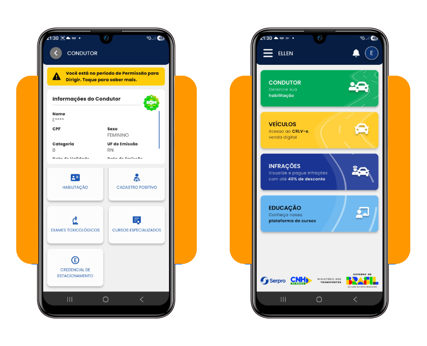 Tela do aplicativo mostrando as opções Condutor e Habilitação