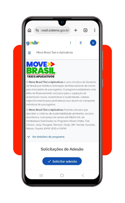 Tela de cadastro no programa Move Brasil para empréstimo para caminhoneiro